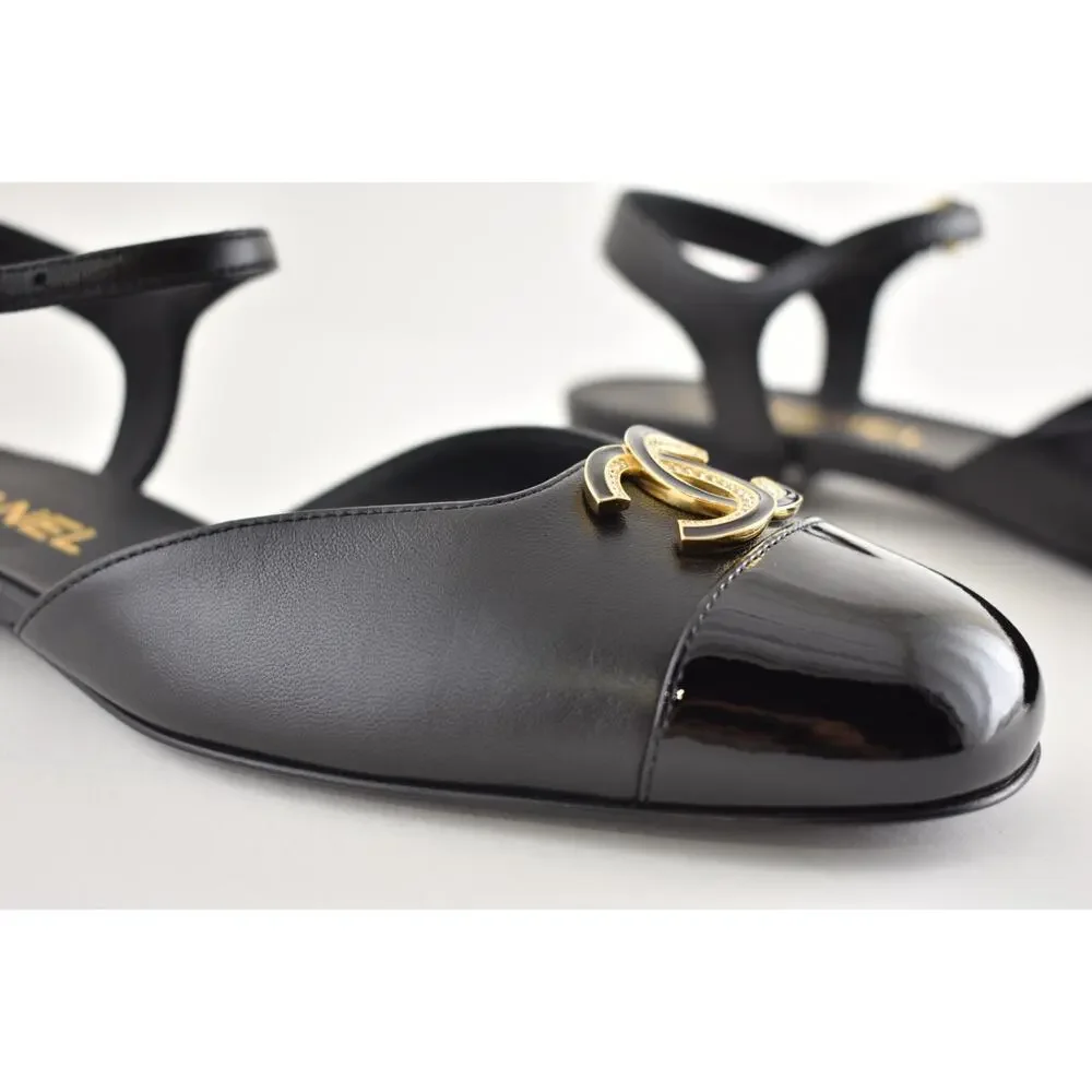 Chanel 25P Black Patent Gold CC Slingback Ankle Strap Ballerina Ballet Flat 36C